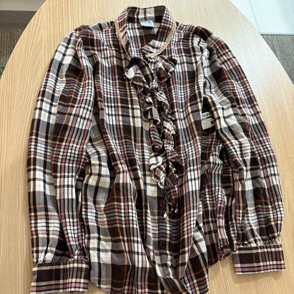 Chico's Long Sleeve Button Down Blouse Chico's Size 1 US Size 8-10 Brown Plaid - Picture 1 of 4
